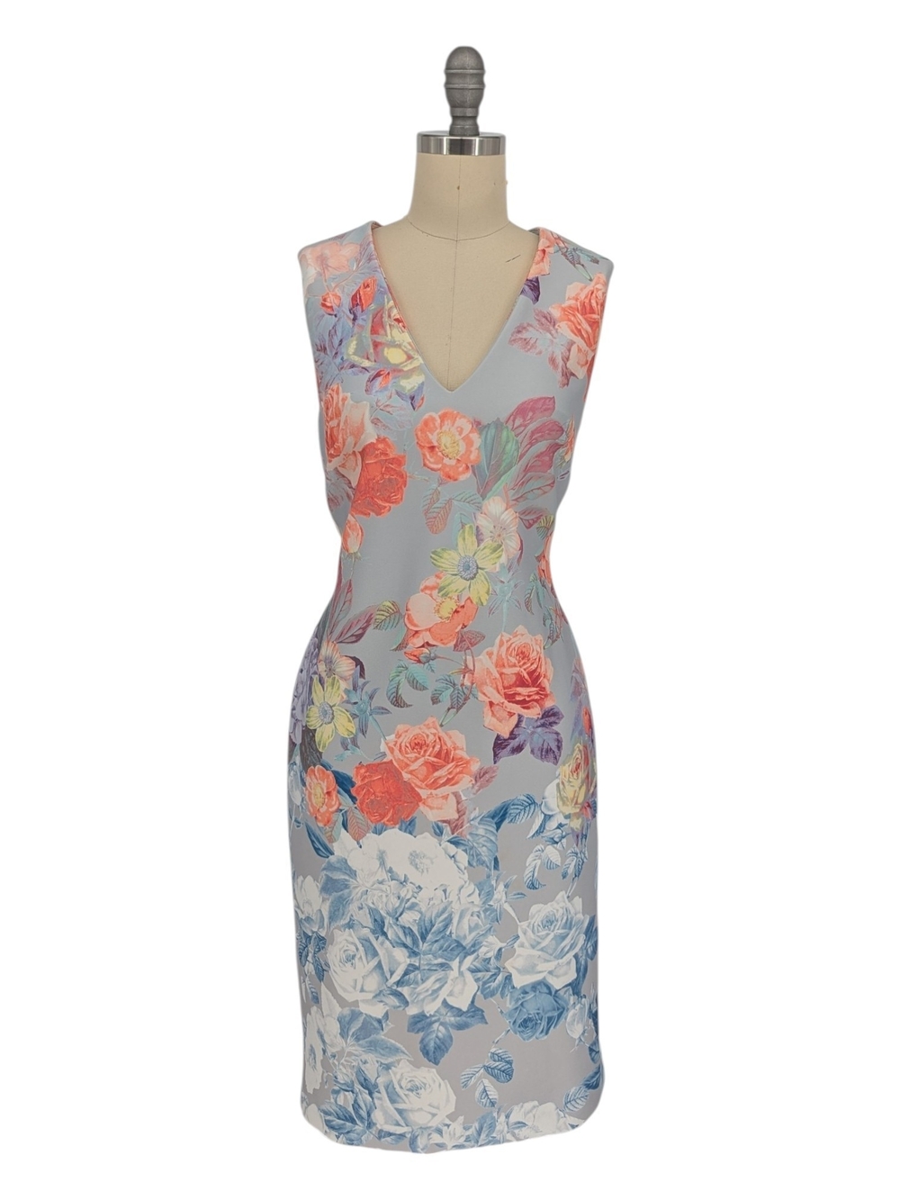 Calvin Klein Floral V Neck Sheath Dress Blue Pink size 6 preppy summer wedding